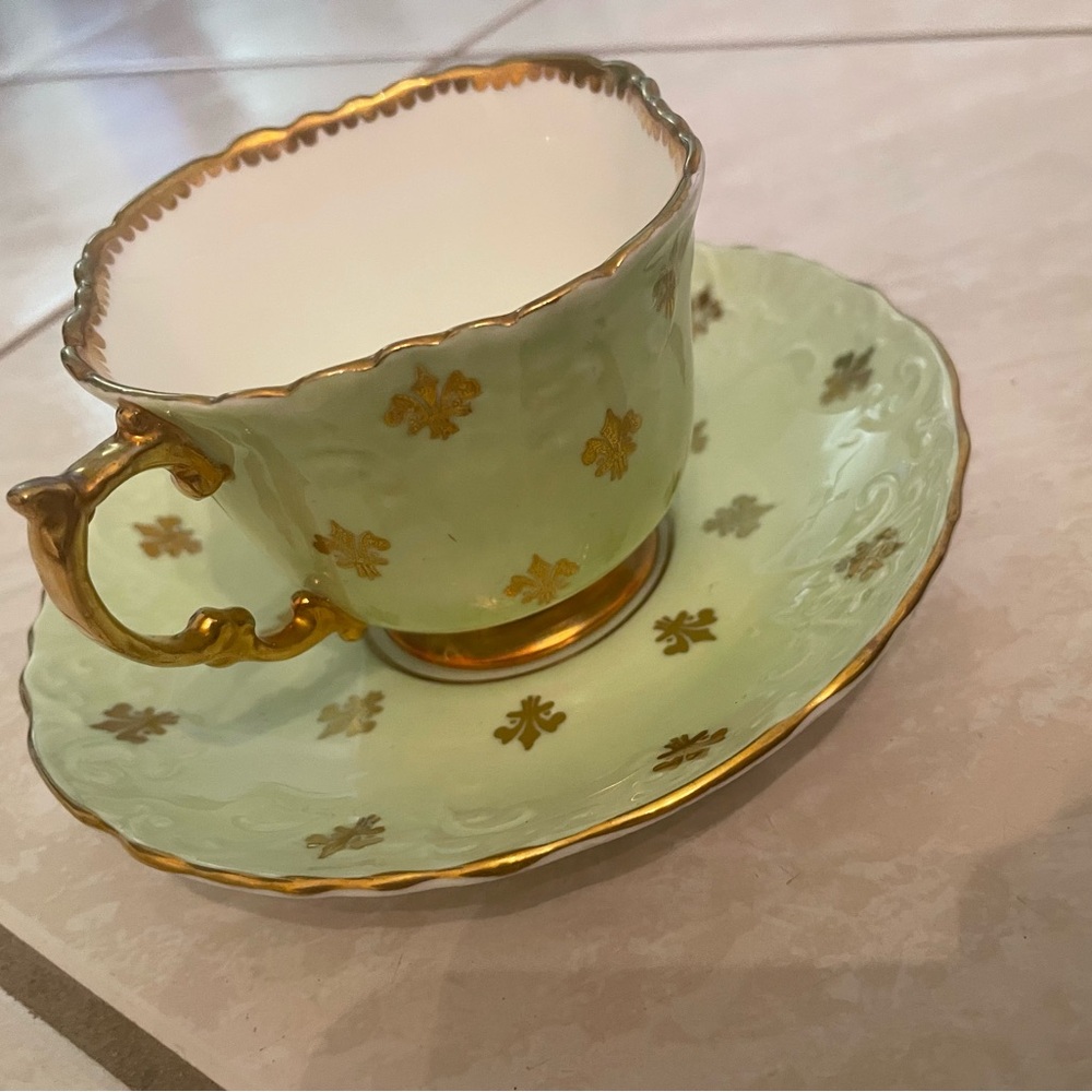 Antique Aynsley tea cup and saucer - light green with gold